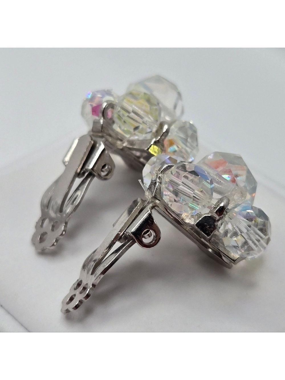 Aurora Borealis AB Handmade Beaded Flower Earrings Vintage Clip On - Picture 6 of 10